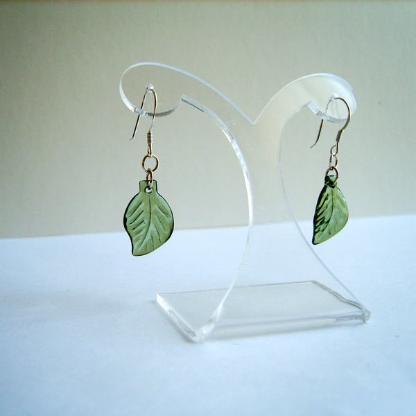 Green Leaf Drop Earrings On Sterling Silver Ear Hooks