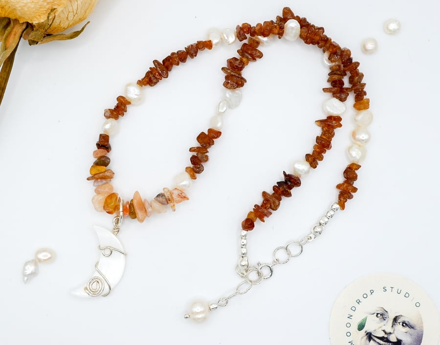 Crescent Moon Almandine Red Garnet and Freshwater Pearl Gemstone Boho Necklace 