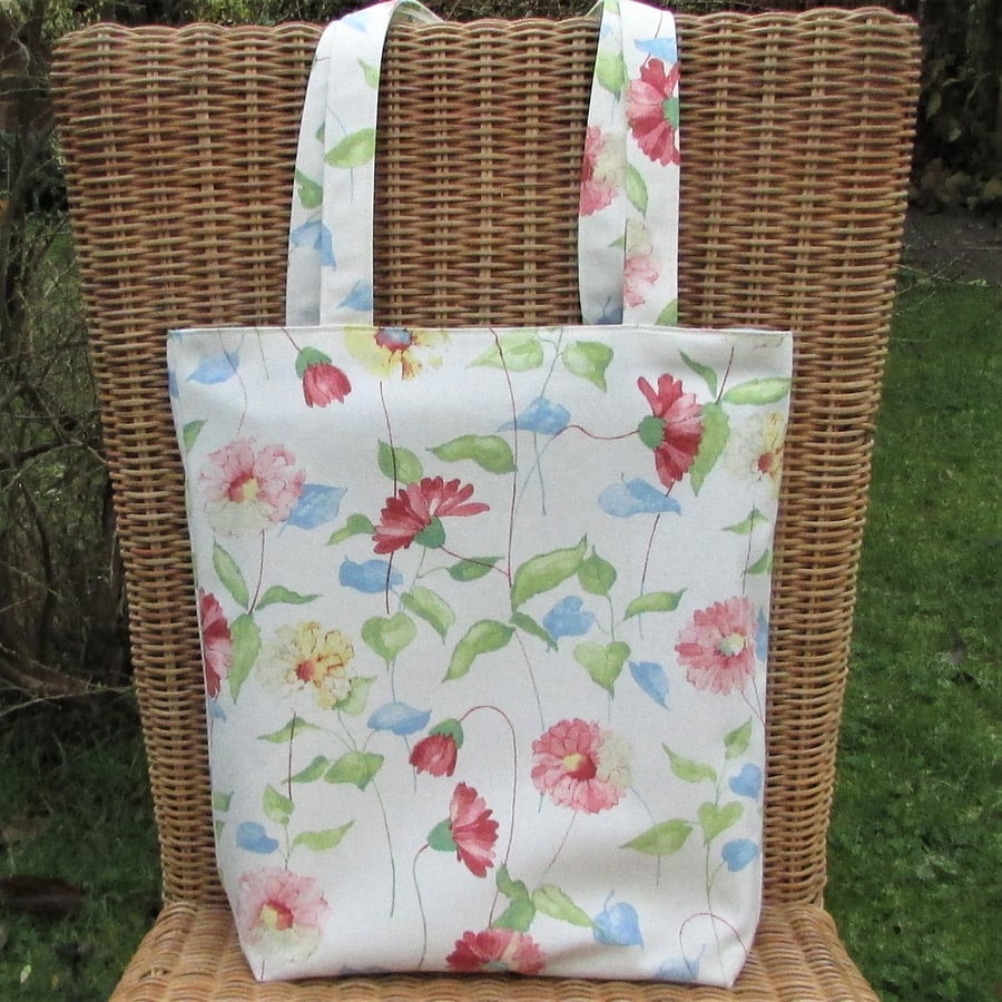 Floral tote bag, handbag in cream with pink and yellow floral print