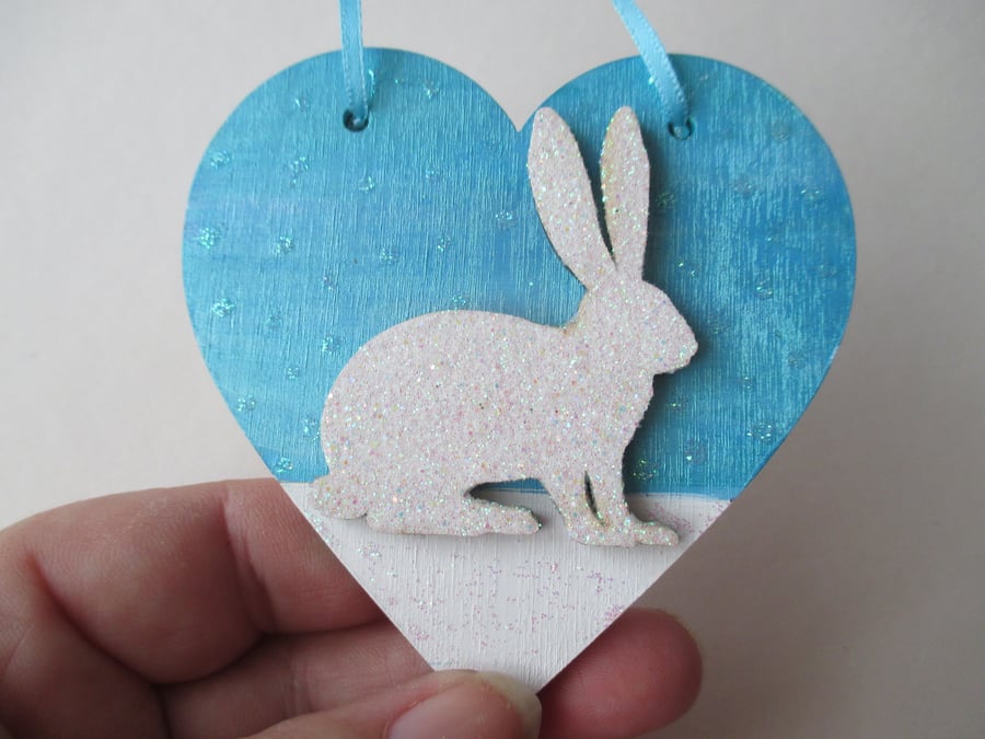 Christmas Decoration Bunny Rabbit Hanging Heart Snow Bunny White Blue