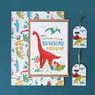 Dinosaur gift wrapping bundle: birthday card, wrapping paper and tags 