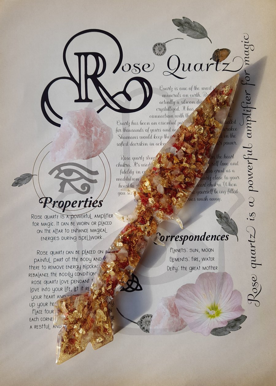 Decorative Symbolic Resin Athame Dagger With Rose Petals, Rose Quartz, Gold Leaf