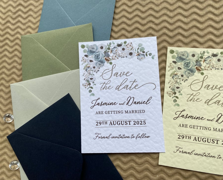10 Dusty blue white flowers SAVE the DATE eucalyptus wedding invitations invites