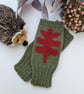 Knitted Autumn Leaf Fingerless Gloves, Olive Green & Rust Wrist Warmers - Image 3