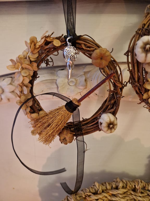 Samhain Mini Wreath with Dried Nature, Obsidian Crystal and Cinnamon Broom.