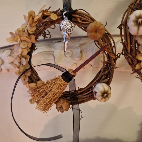 Samhain Mini Wreath with Dried Nature, Obsidian Crystal and Cinnamon Broom.