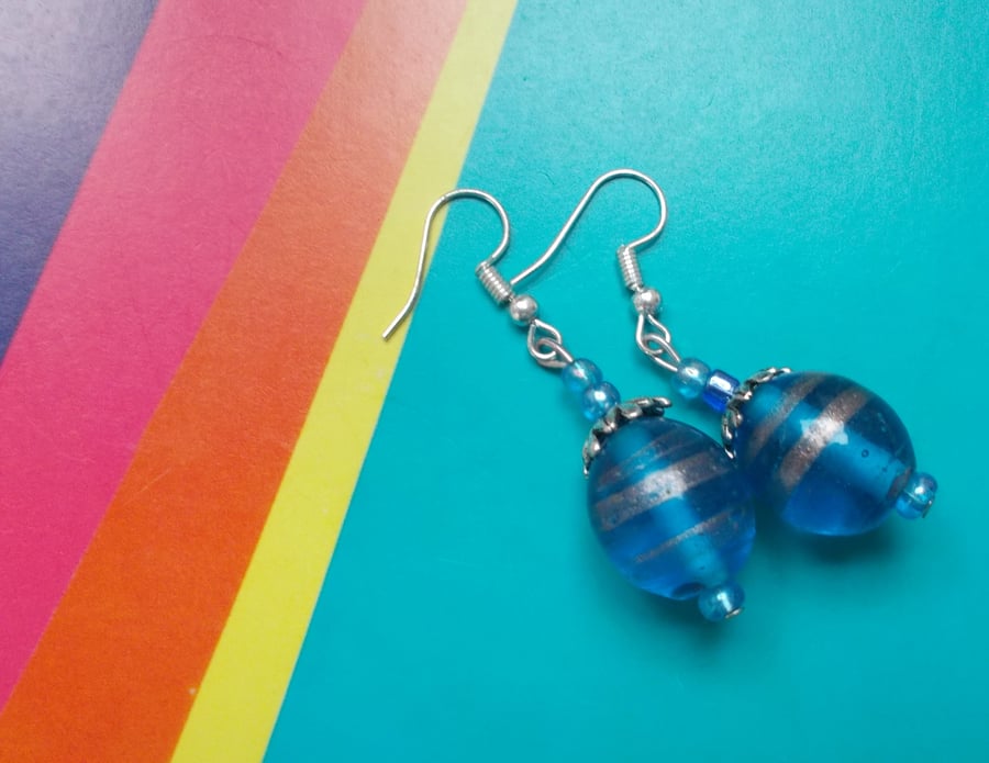 Beautiful Blue Glass and Tibetan Silver Earrings