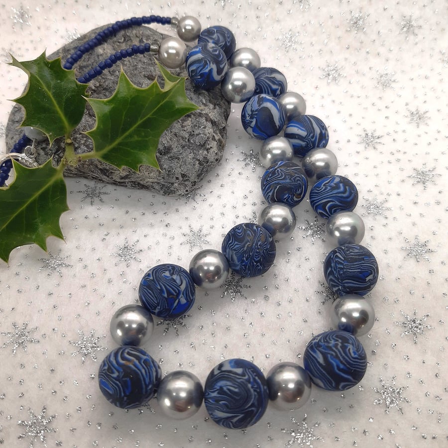 Polymer clay blue and silver necklace