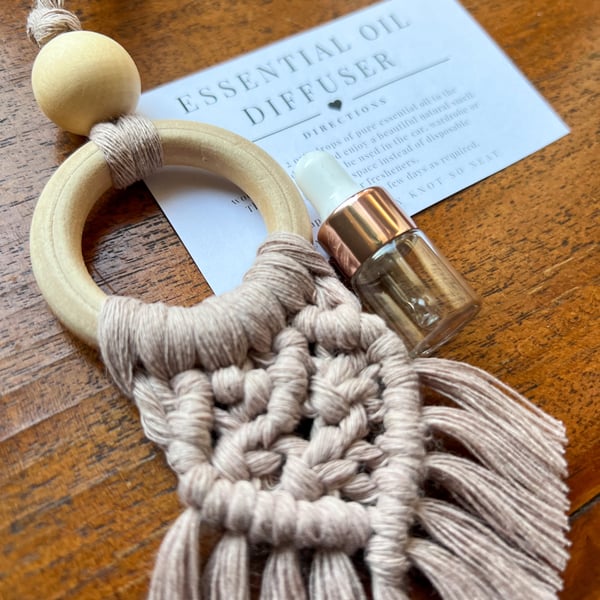 Macrame car diffuser, essential oil air freshener, mirror charm - heart pebble