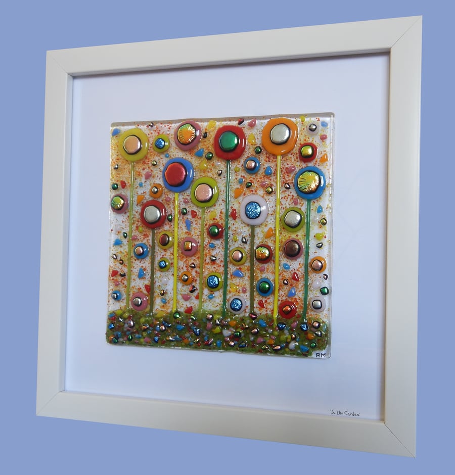 HANDMADE FUSED GLASS 'IN THE GARDEN' PICTURE.