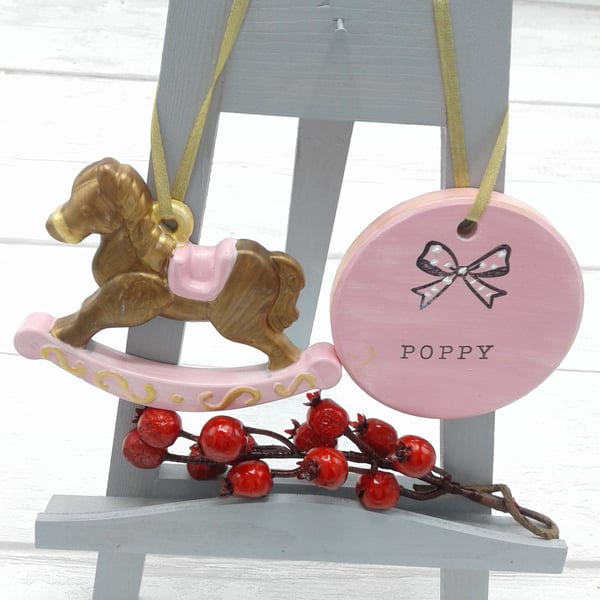 Baby's first christmas. Ceramic decorations. Baby girl personalised keepsake. 