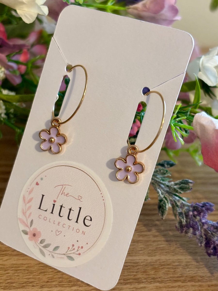 Lilac Flower Hoop Earrings, Enamel Floral Charms, Handmade Jewellery