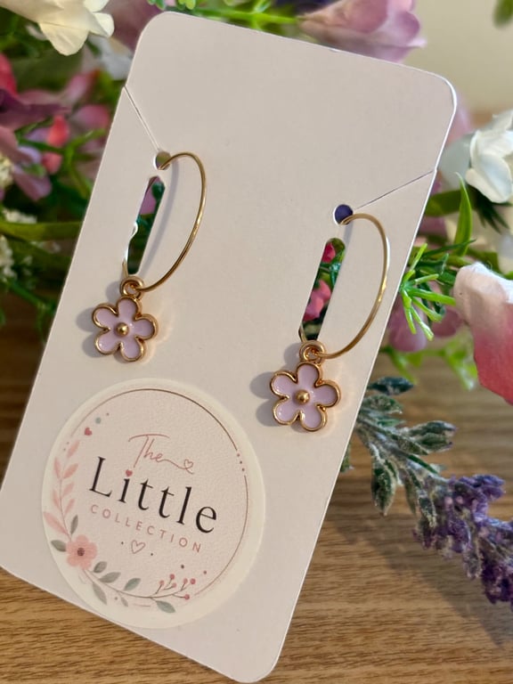 Lilac Flower Hoop Earrings, Enamel Floral Charms, Handmade Jewellery