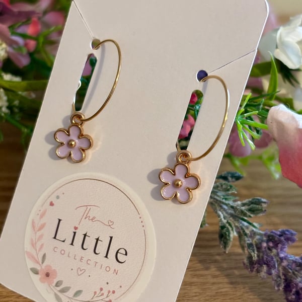 Lilac Flower Hoop Earrings, Enamel Floral Charms, Handmade Jewellery