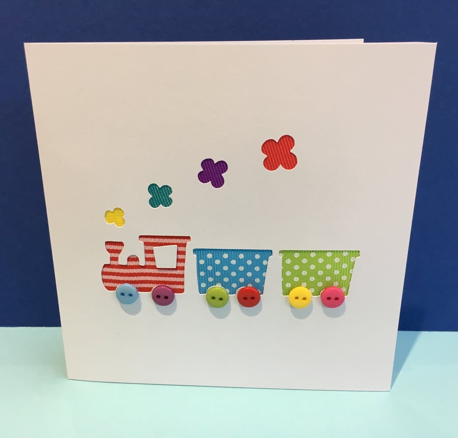 Train Card - Hand Cut Steam Train with Button Wheels