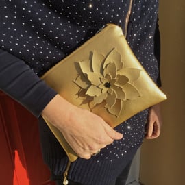 Gold Faux Leather Clutch Bag with Flower Embellishment