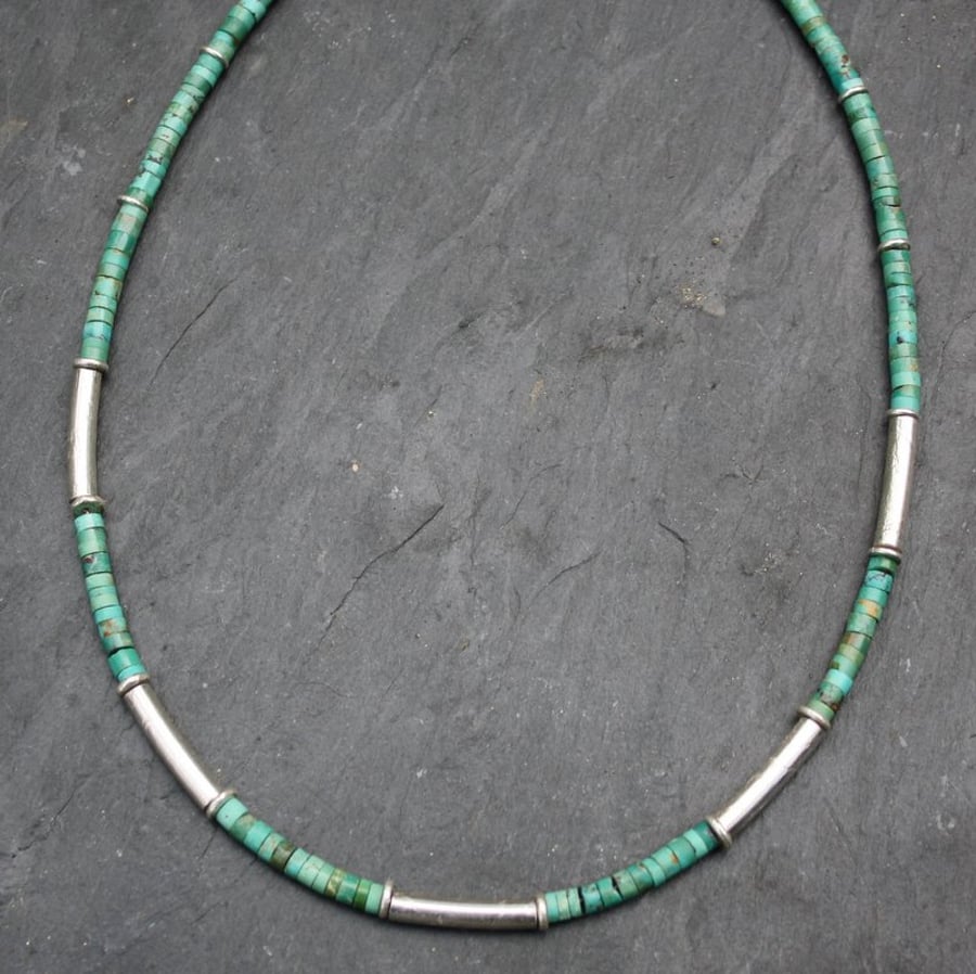 Turquoise and silver macaroni necklace