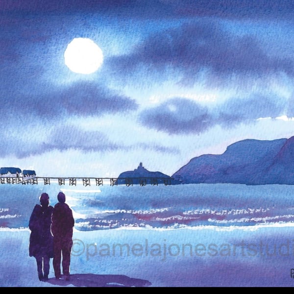 Stroll In The Moonlight, Mumbles, Wales, Original Watercolour in 8 x 6 '' Mount