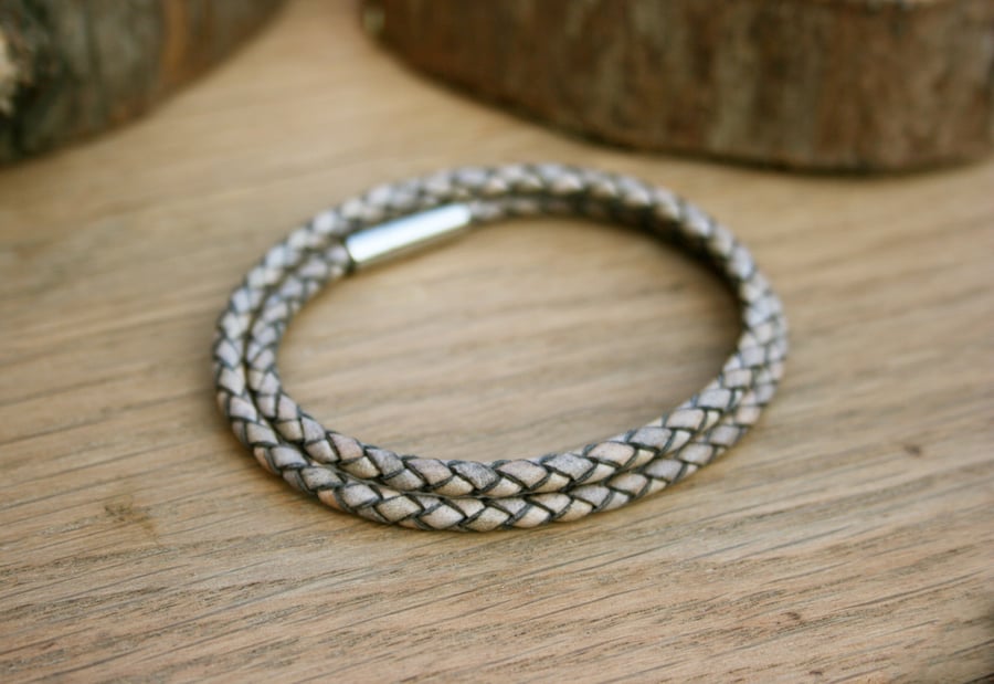 Men's Grey Leather Double Attexo Bracelet