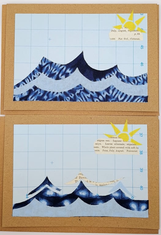 Pack of 2 Blank Greetings Cards - Fabric and Paper 'Sunny Waves’ 