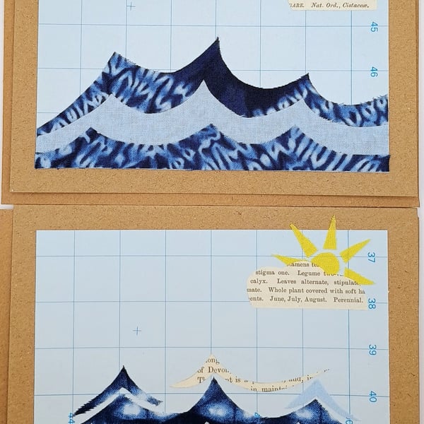 Pack of 2 Blank Greetings Cards - Fabric and Paper 'Sunny Waves’ 