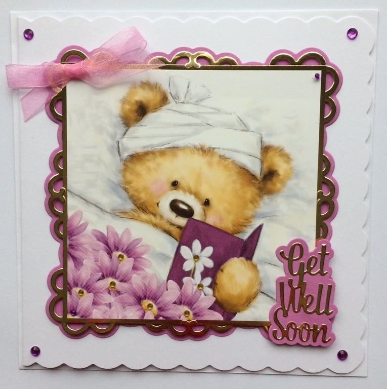 Get Well Soon Card Cute Teddy Bear in Bed Flowers 3D Luxury Handmade