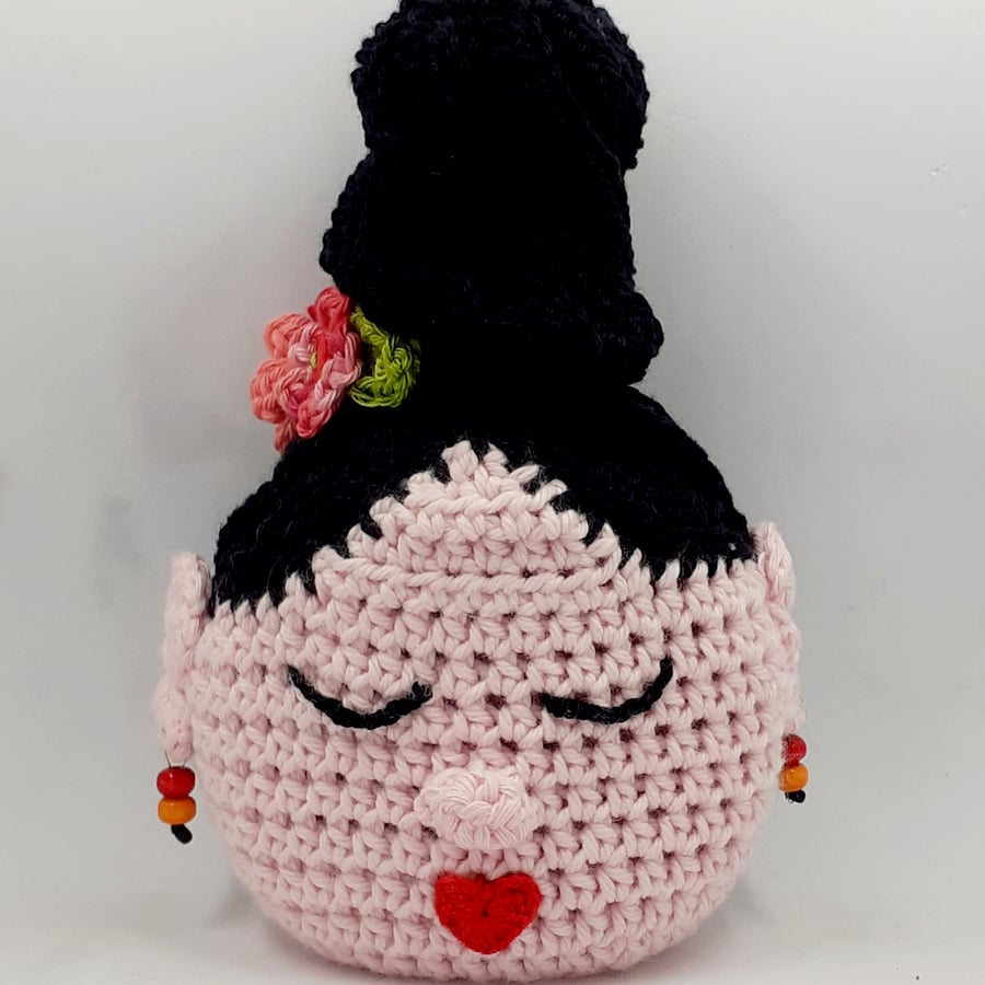 Reserved for Alison. Crochet Covered  Bottle 'Head Vase'.  Black Hair