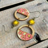 Bohemian Style Poppy Earrings - Hand-Painted Birch Wood in Coral Pink and Yellow