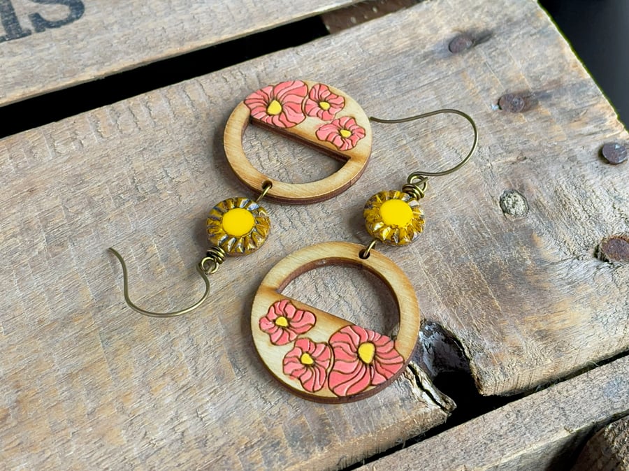 Bohemian Style Poppy Earrings - Hand-Painted Birch Wood in Coral Pink and Yellow