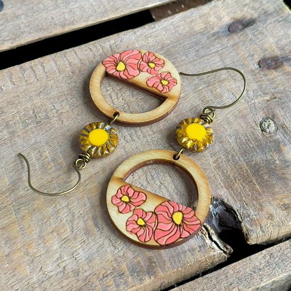 Bohemian Style Poppy Earrings - Hand-Painted Birch Wood in Coral Pink and Yellow