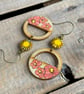 Bohemian Style Poppy Earrings - Hand-Painted Birch Wood in Coral Pink and Yellow