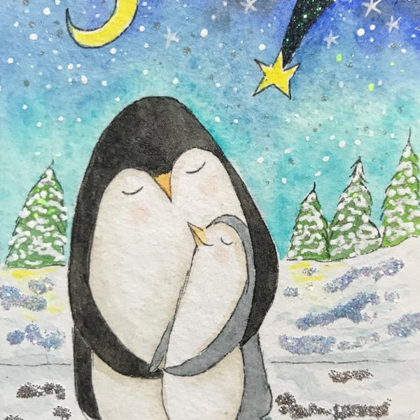 Original ACEO Painting Penguins parent and child ACEO Jo Roper