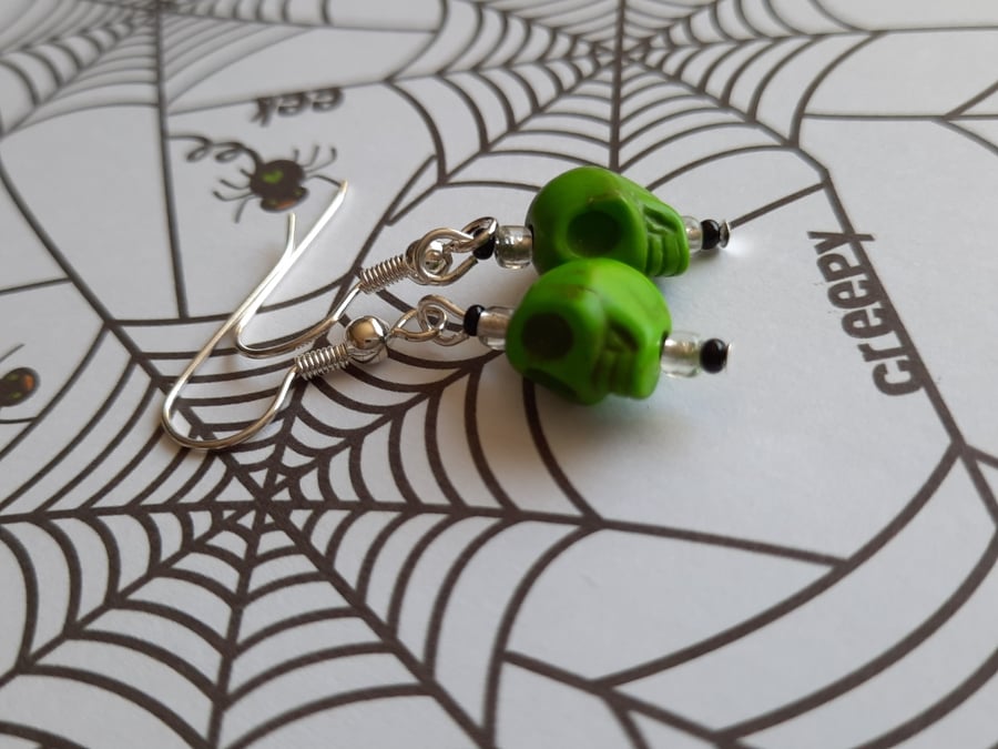 Dyed Howlite Skull Earrings - Green (2)