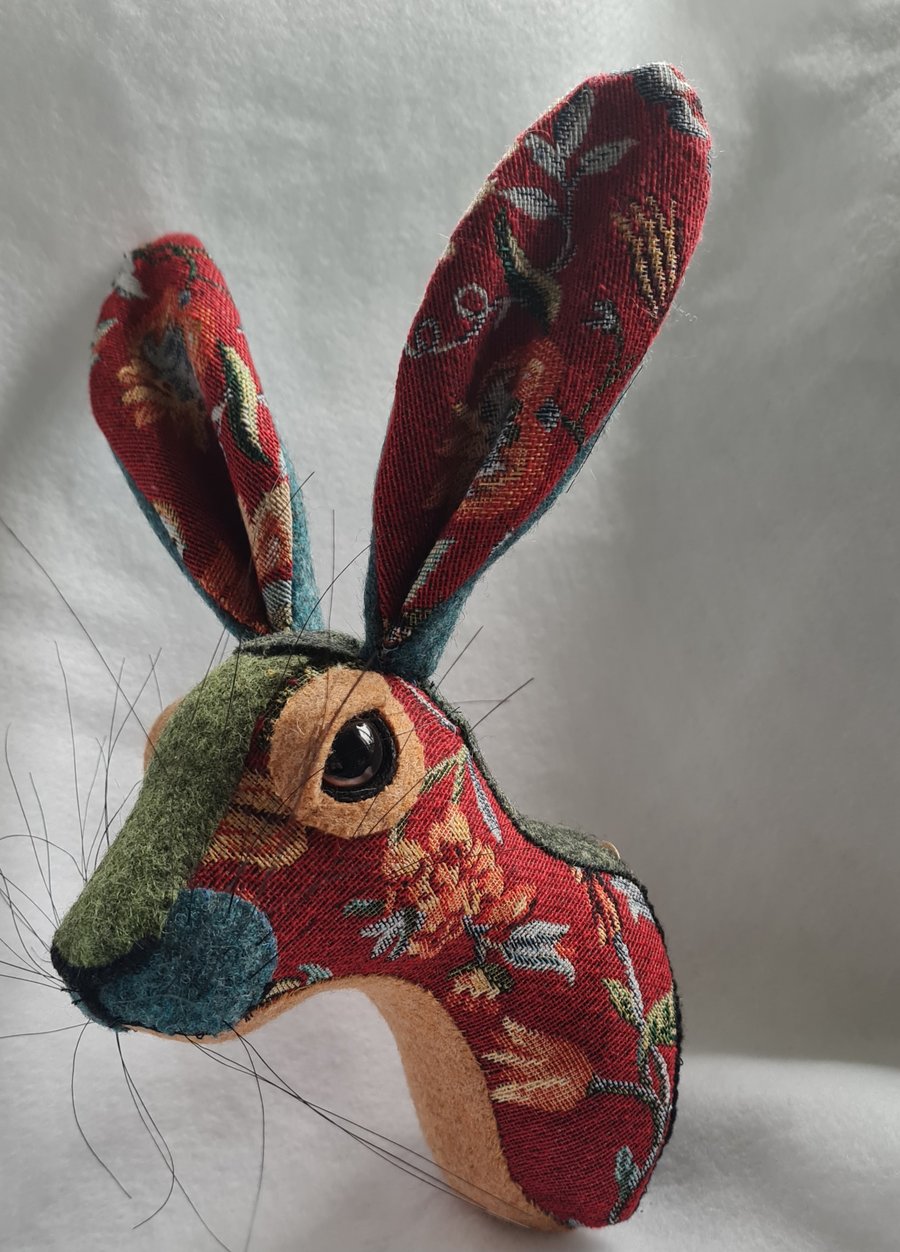 Faux hare head wall mount in floral tapestry fabric- Hattie