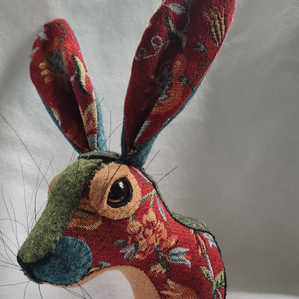 Faux hare head wall mount in floral tapestry fabric- Hattie