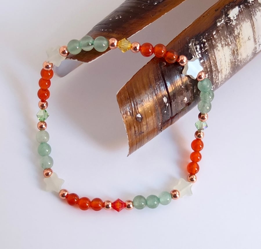 Jade Stars, Swarovski Crystals, Carnelian and Green Aventurine Bracelet.