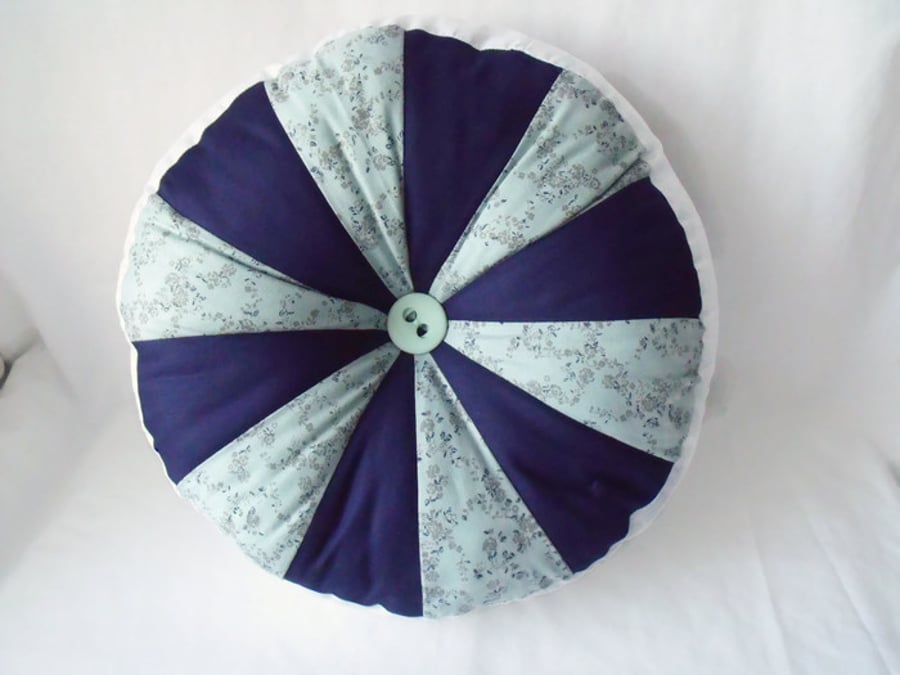 large plump pinwheel round scatter cushion, mint and navy, 13" diameter