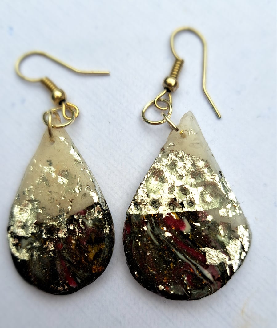 tear drop shaped polymer clay earrings white, silver, red and black