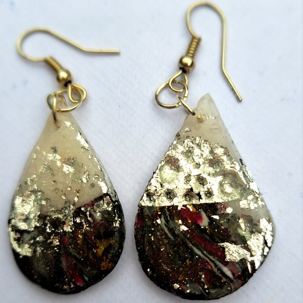 tear drop shaped polymer clay earrings white, silver, red and black