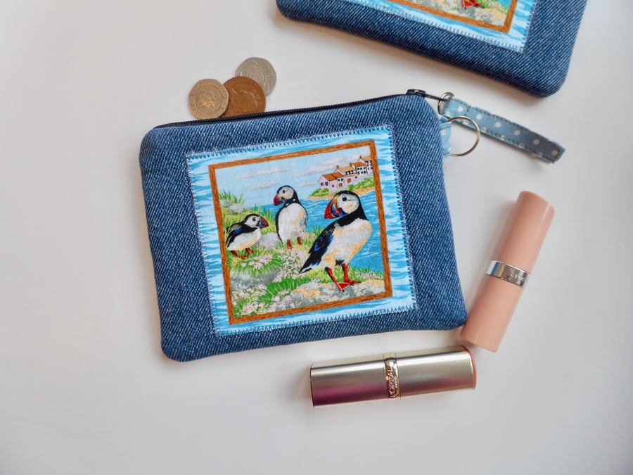 SOLD Denim coin purse with puffins mini make up bag