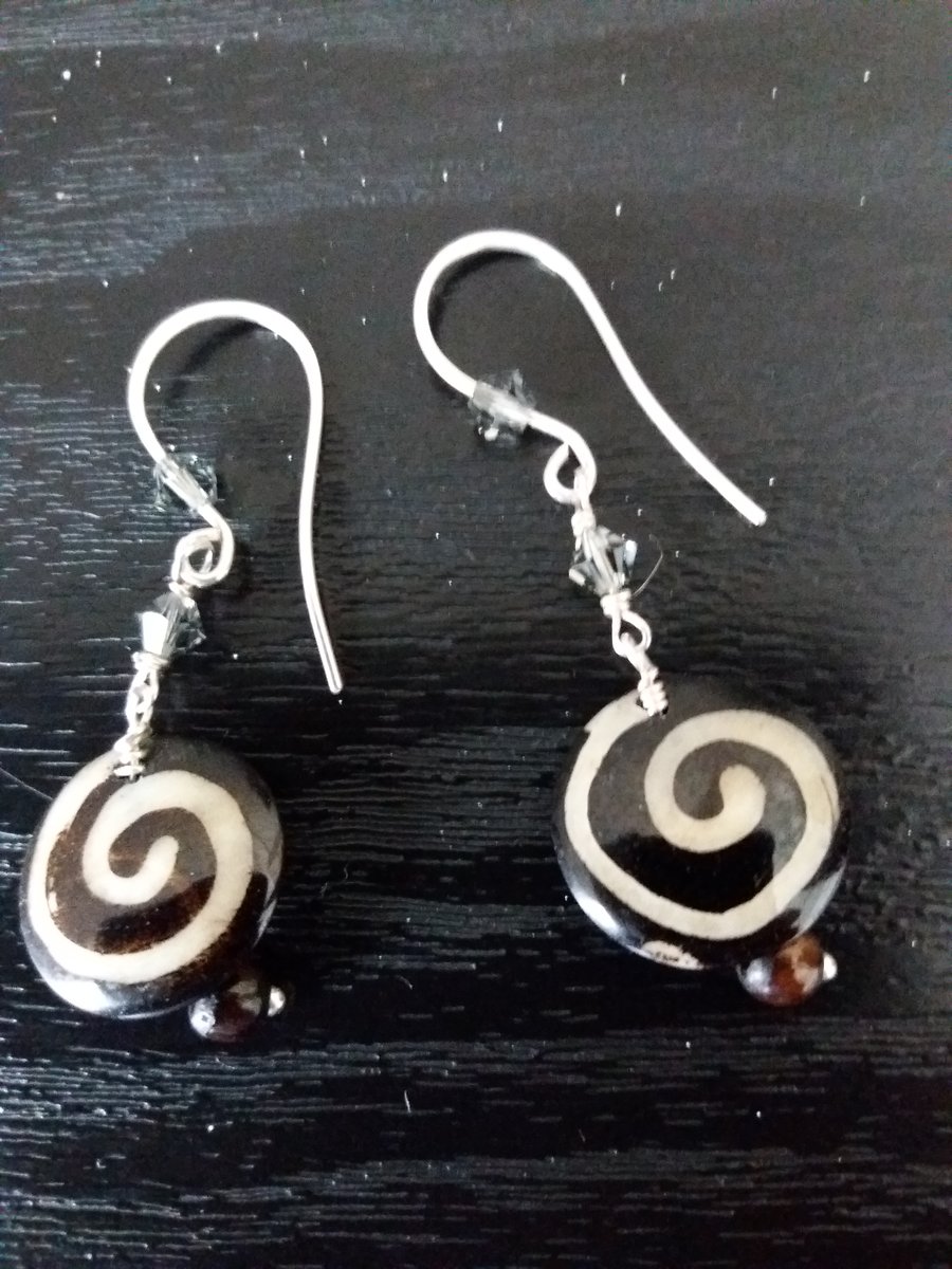 Black-brown and white spiral shell and sterling silver earrings