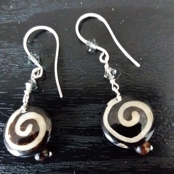 Black-brown and white spiral shell and sterling silver earrings
