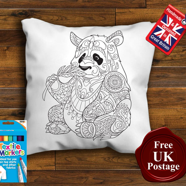Panda Colouring Cushion Cover, With or Without Fabric Pens Choose Your Size