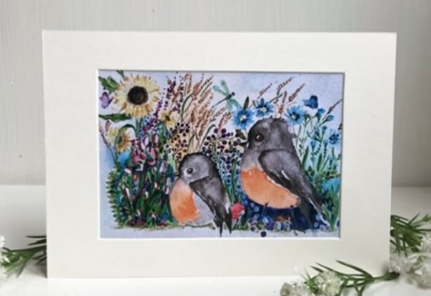 Mounted Whimsical Birds and Flowers in a Summer Field Watercolour Print