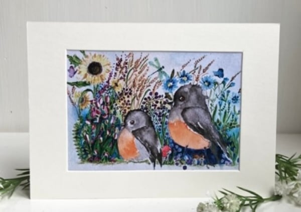 Mounted Whimsical Birds and Flowers in a Summer Field Watercolour Print