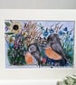 Mounted Whimsical Birds and Flowers in a Summer Field Watercolour Print - Image 1