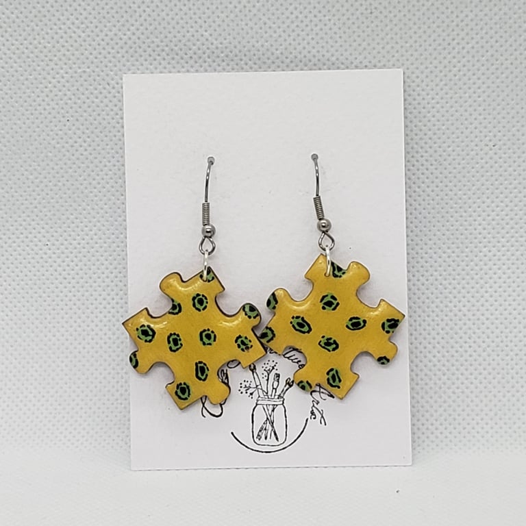 Hand-painted Jigsaw Earrings Resin Coated - Yellow Cheetah