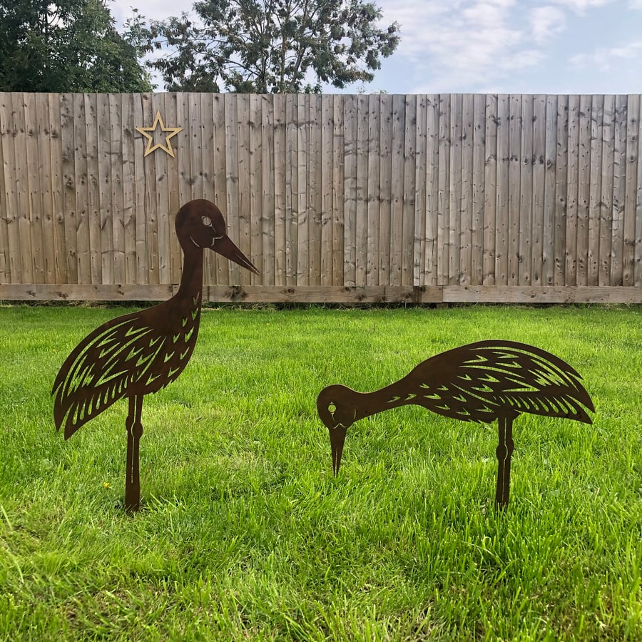 2 Rusty Metal birds Garden ornaments , Heron garden Features , storks waders