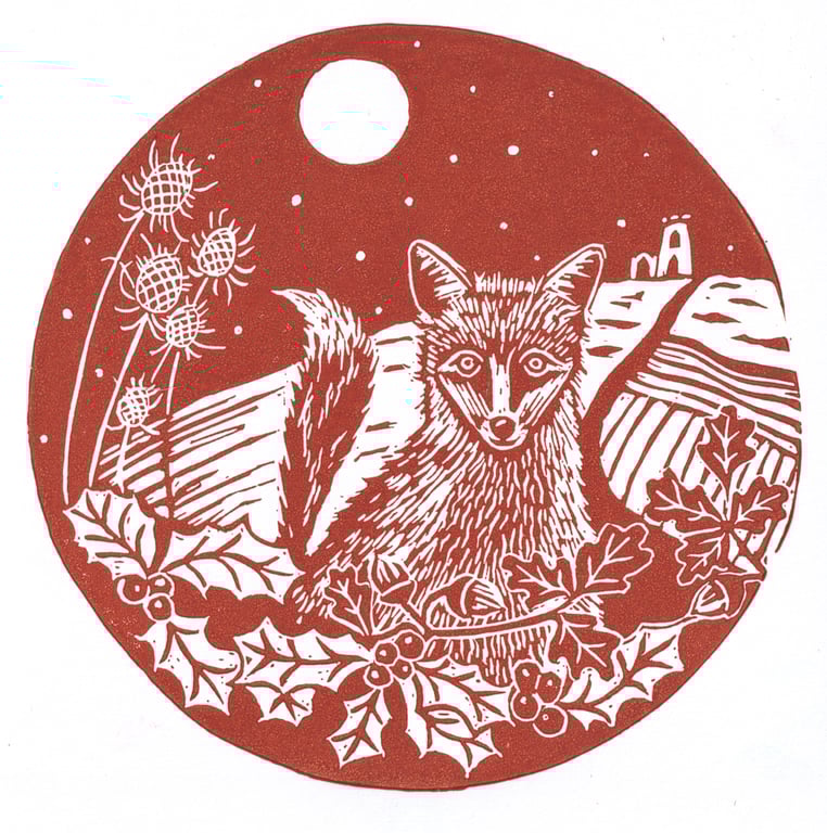 Fox Winter Scene - Handprinted Christmas card