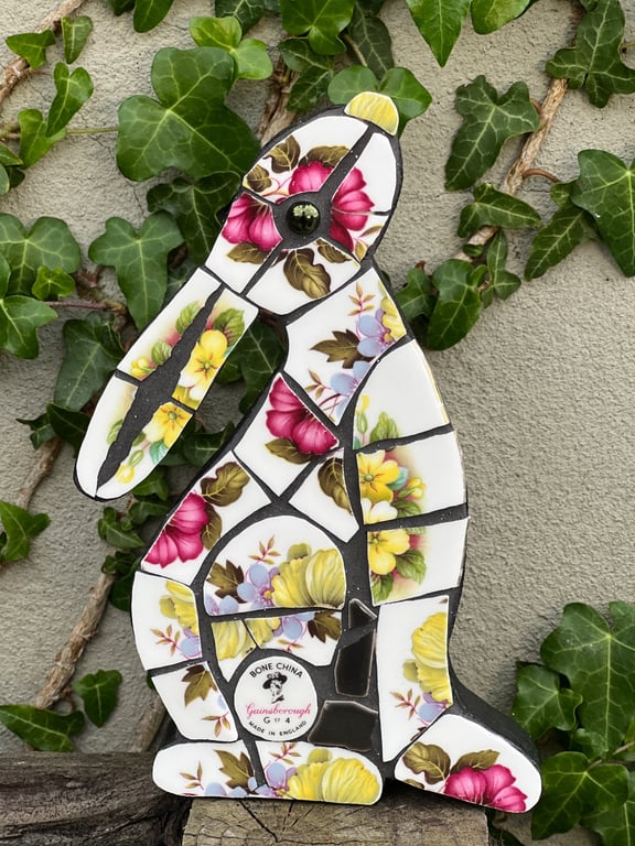 Mosaic Moon Gazing Hare, Made with Vintage china, Ceramic Mosaic Art